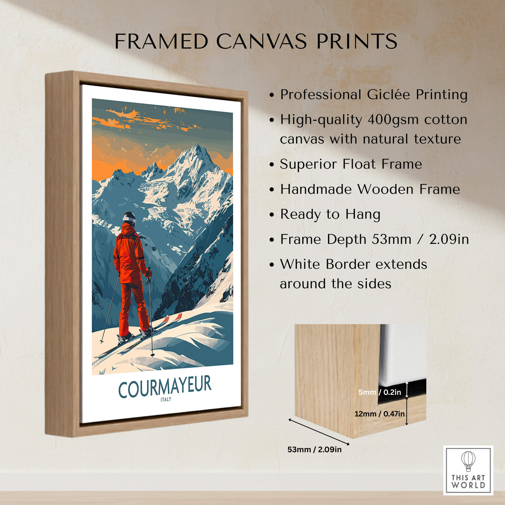 Courmayeur Wall Art Print - Italy framed canvas print showcasing ski theme and mountain scenery.