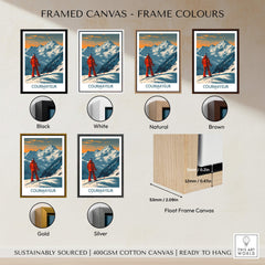 Framed Courmayeur Wall Art Print - Italy showcasing different frame colors including black, white, natural, brown, gold, and silver.