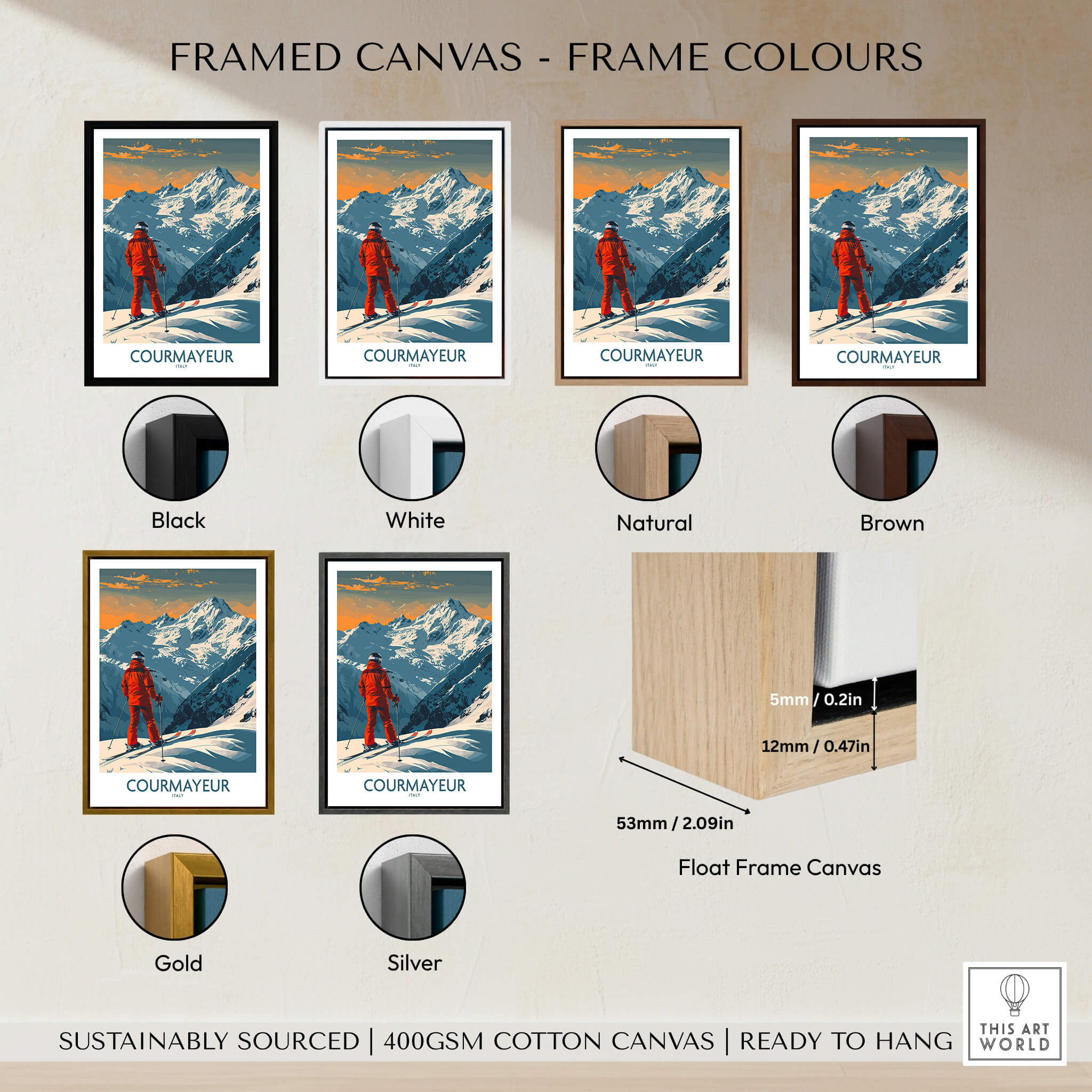 Framed Courmayeur Wall Art Print - Italy showcasing different frame colors including black, white, natural, brown, gold, and silver.