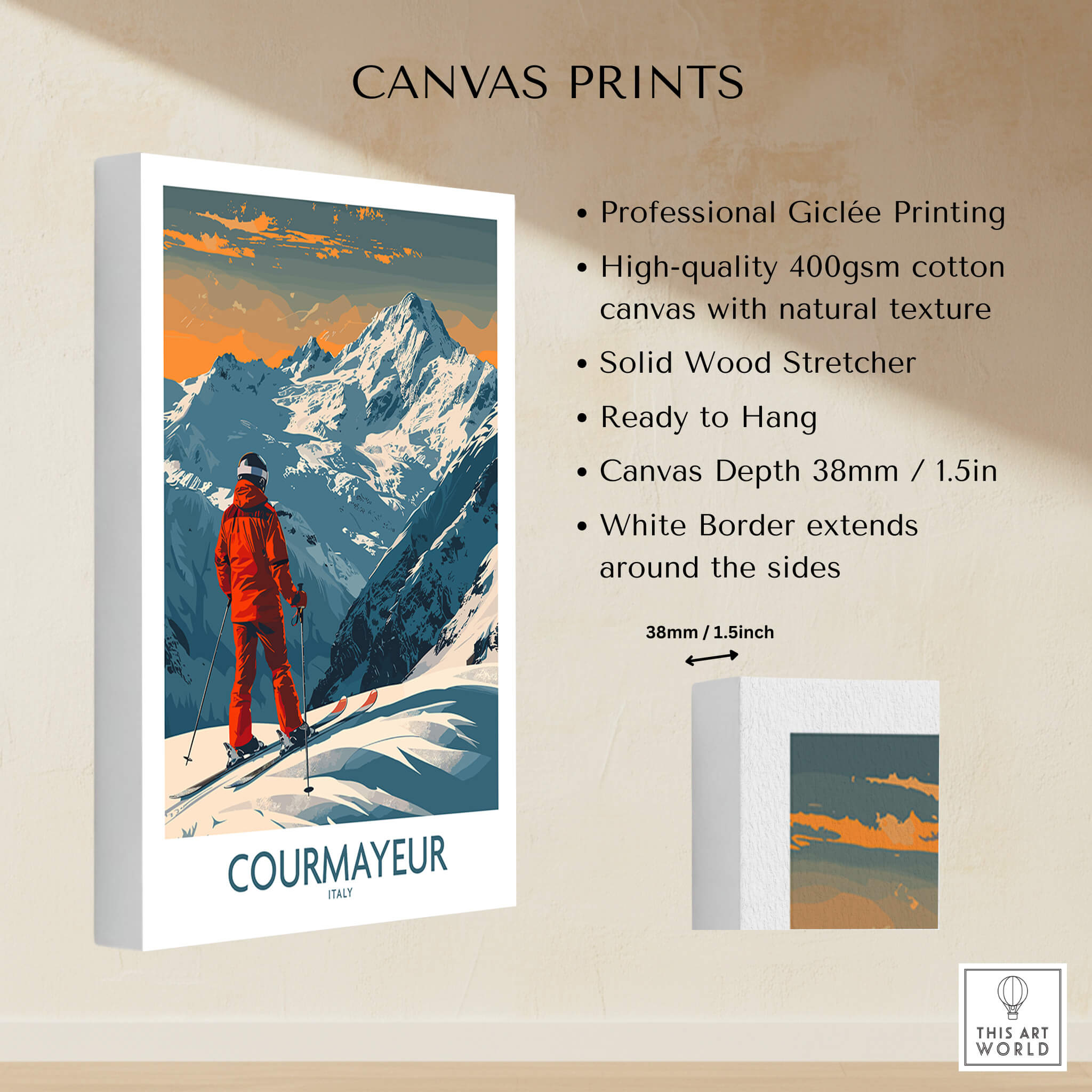 Courmayeur Wall Art Print - Italy showcasing professional Giclée printing and stunning ski scenery.