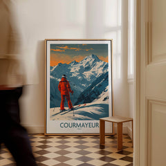 Courmayeur Wall Art Print - Italy featuring a skier amidst stunning mountain scenery, perfect for ski enthusiasts.