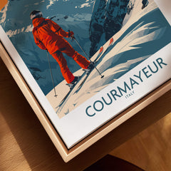Courmayeur Wall Art Print - Italy featuring a skier in an orange outfit on snowy mountains.
