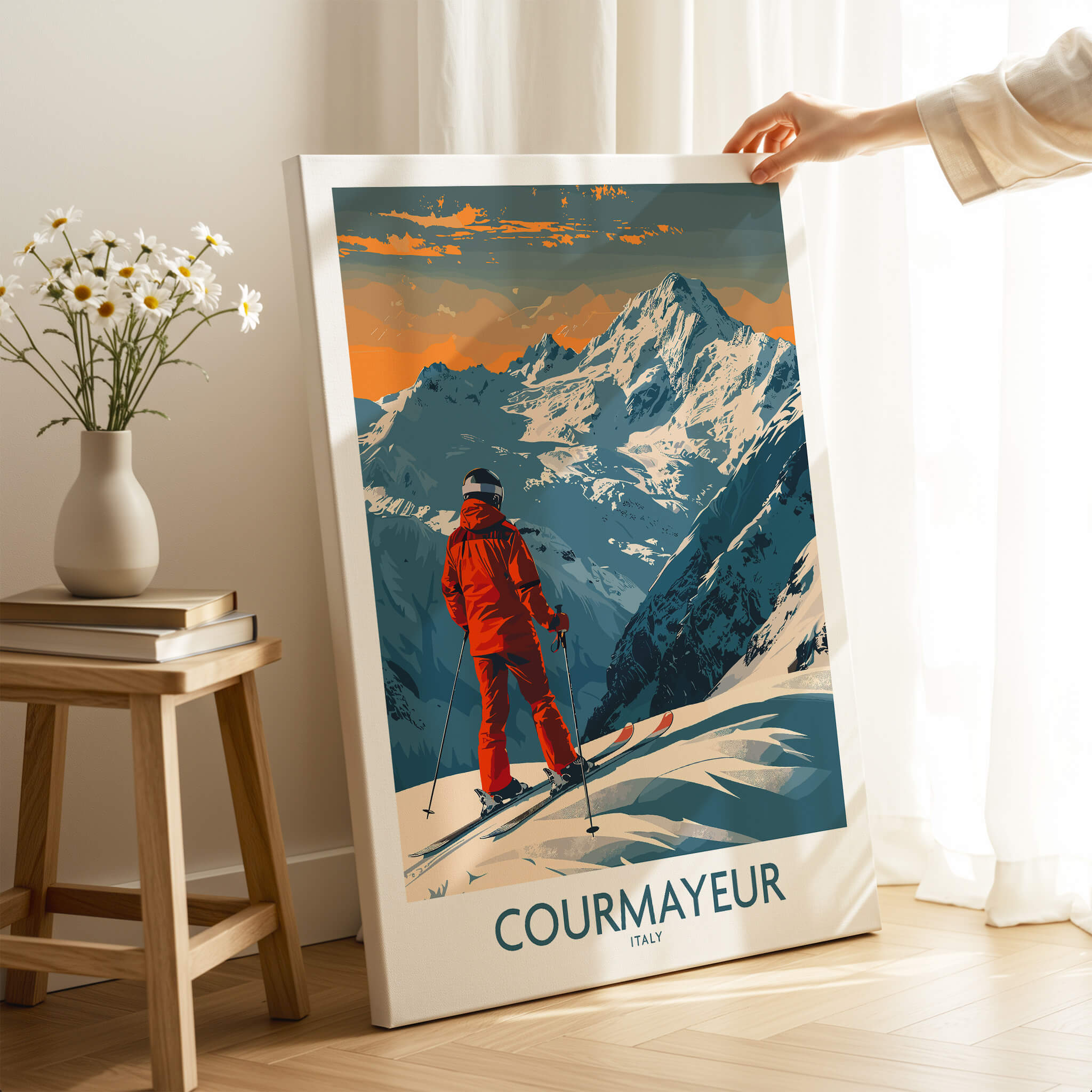 Courmayeur Wall Art Print - Italy featuring a skier in a stunning mountain landscape.