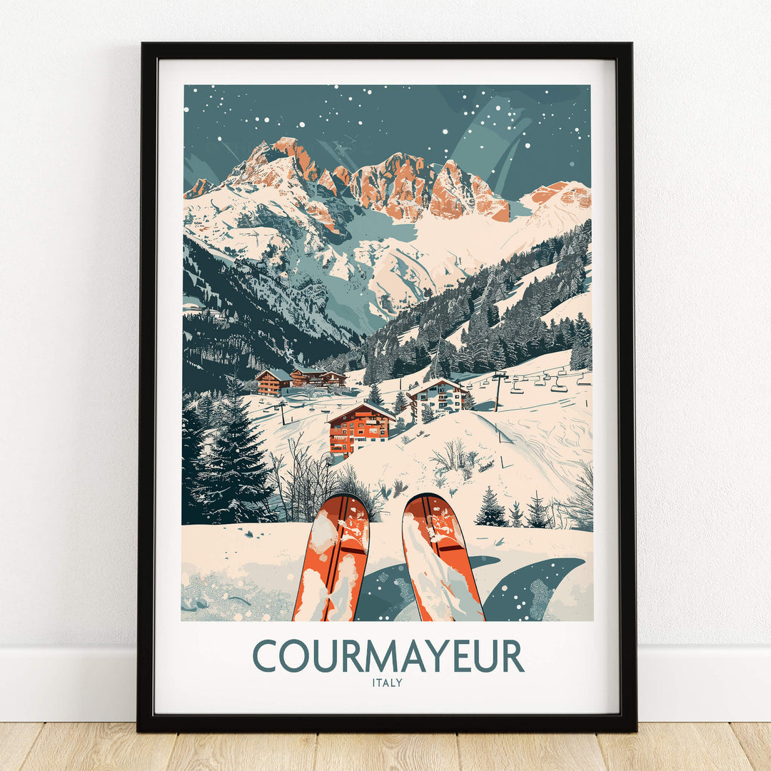 Courmayeur Print Italy ski poster featuring stunning mountains and winter scenery.