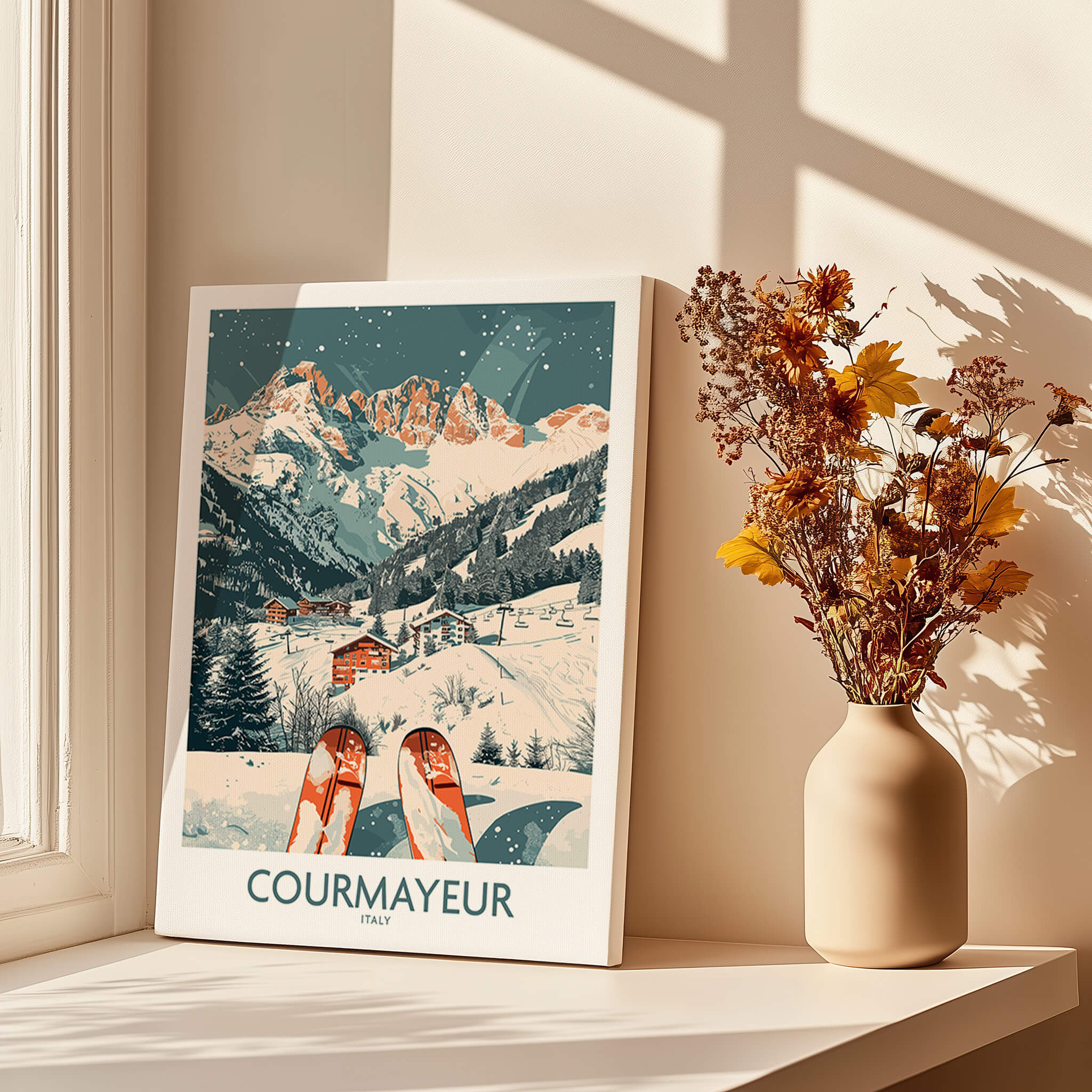 Courmayeur Print Italy showcasing a beautiful winter landscape with skis in the foreground and mountains in the background.