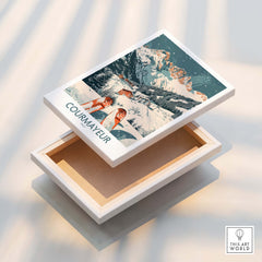 Courmayeur Print Italy showcased on a box, featuring a vintage ski scene and stunning alpine scenery.