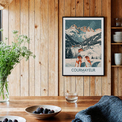 Courmayeur Print Italy ski poster on wooden wall, showcasing snowy mountains and winter sports, ideal for enthusiasts.