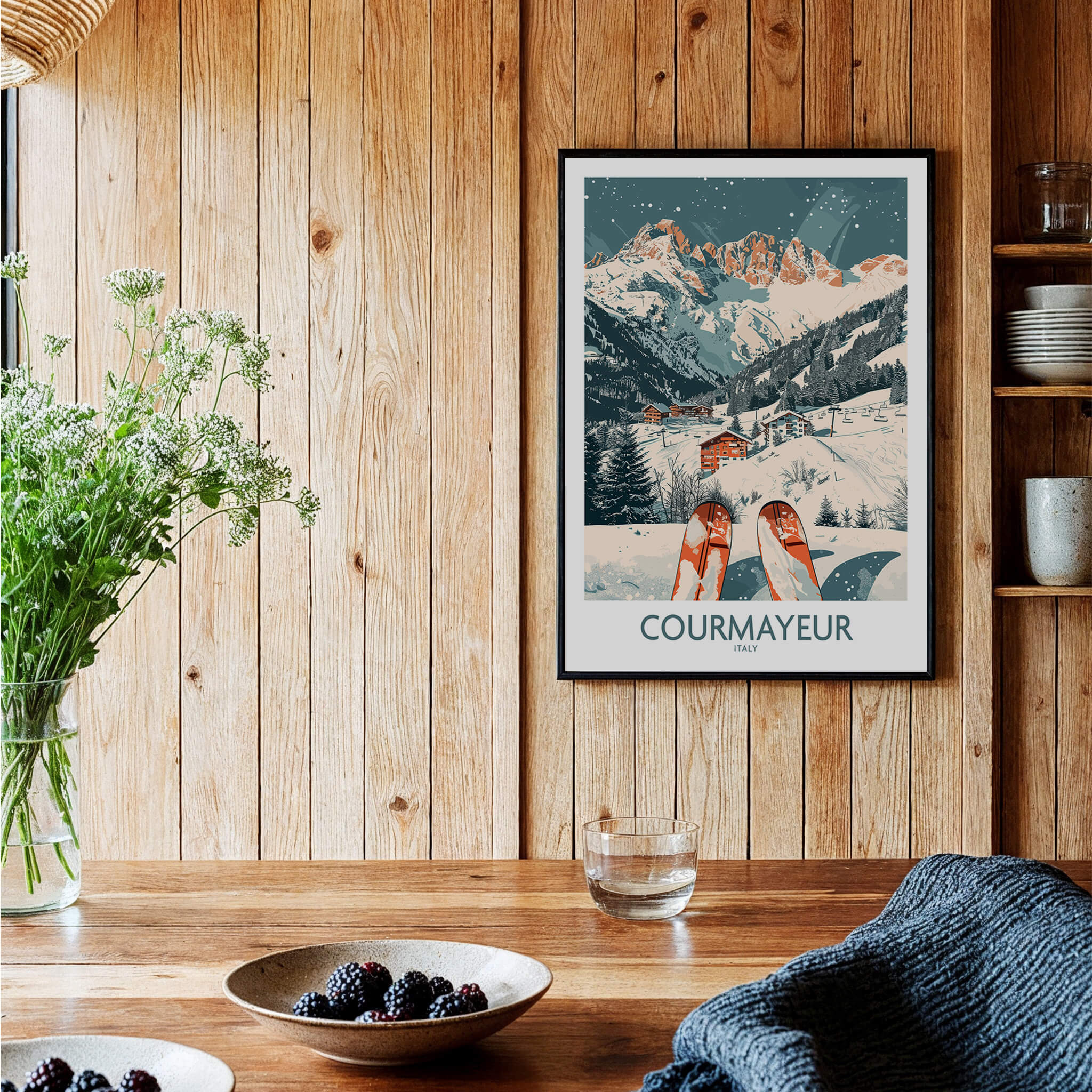 Courmayeur Print Italy ski poster on wooden wall, showcasing snowy mountains and winter sports, ideal for enthusiasts.