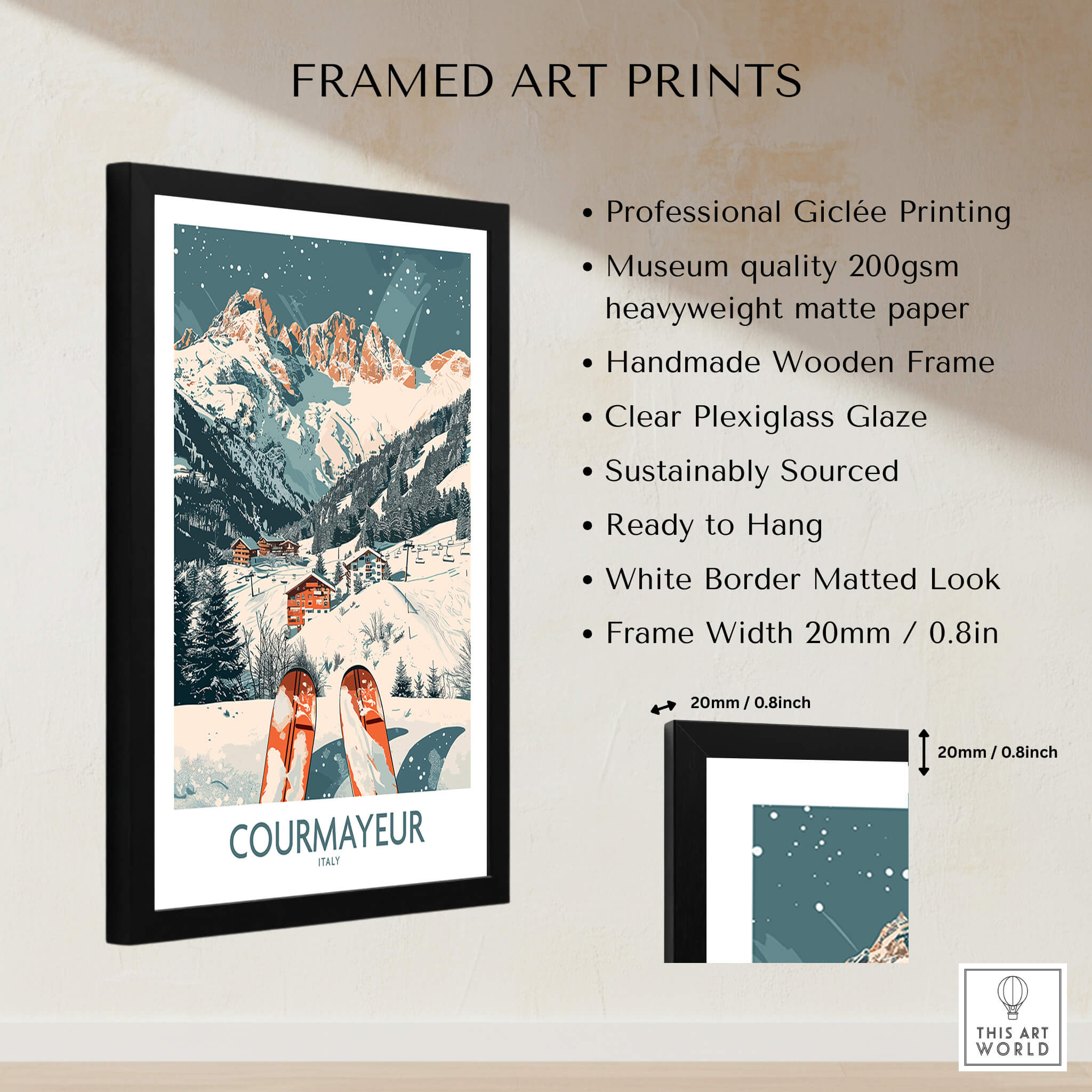 Courmayeur Print Italy framed art print featuring a snowy mountain landscape and ski theme.