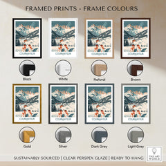 Various frame colors for Courmayeur Print Italy, including black, white, natural, brown, gold, silver, dark grey, and light grey.