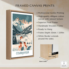 Framed canvas print featuring Courmayeur Print Italy, showcasing winter sports and beautiful mountain scenery.
