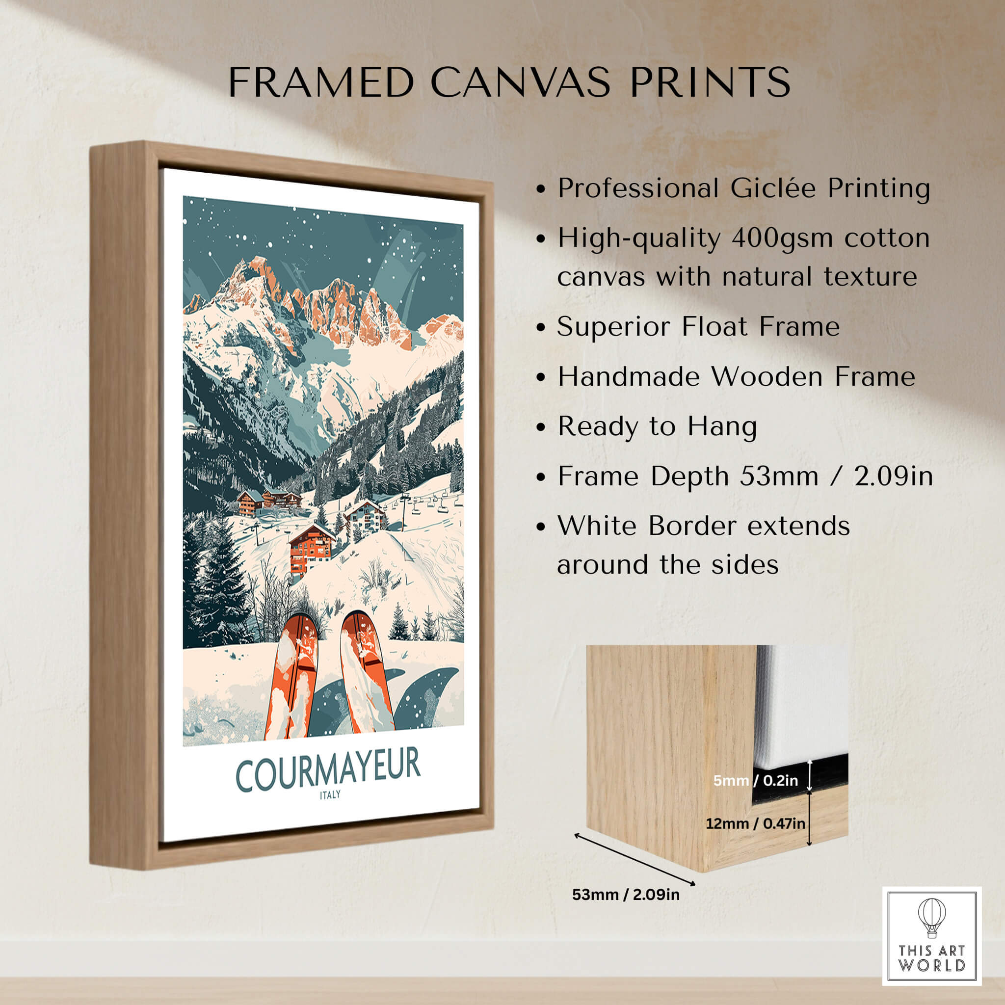 Framed canvas print featuring Courmayeur Print Italy, showcasing winter sports and beautiful mountain scenery.