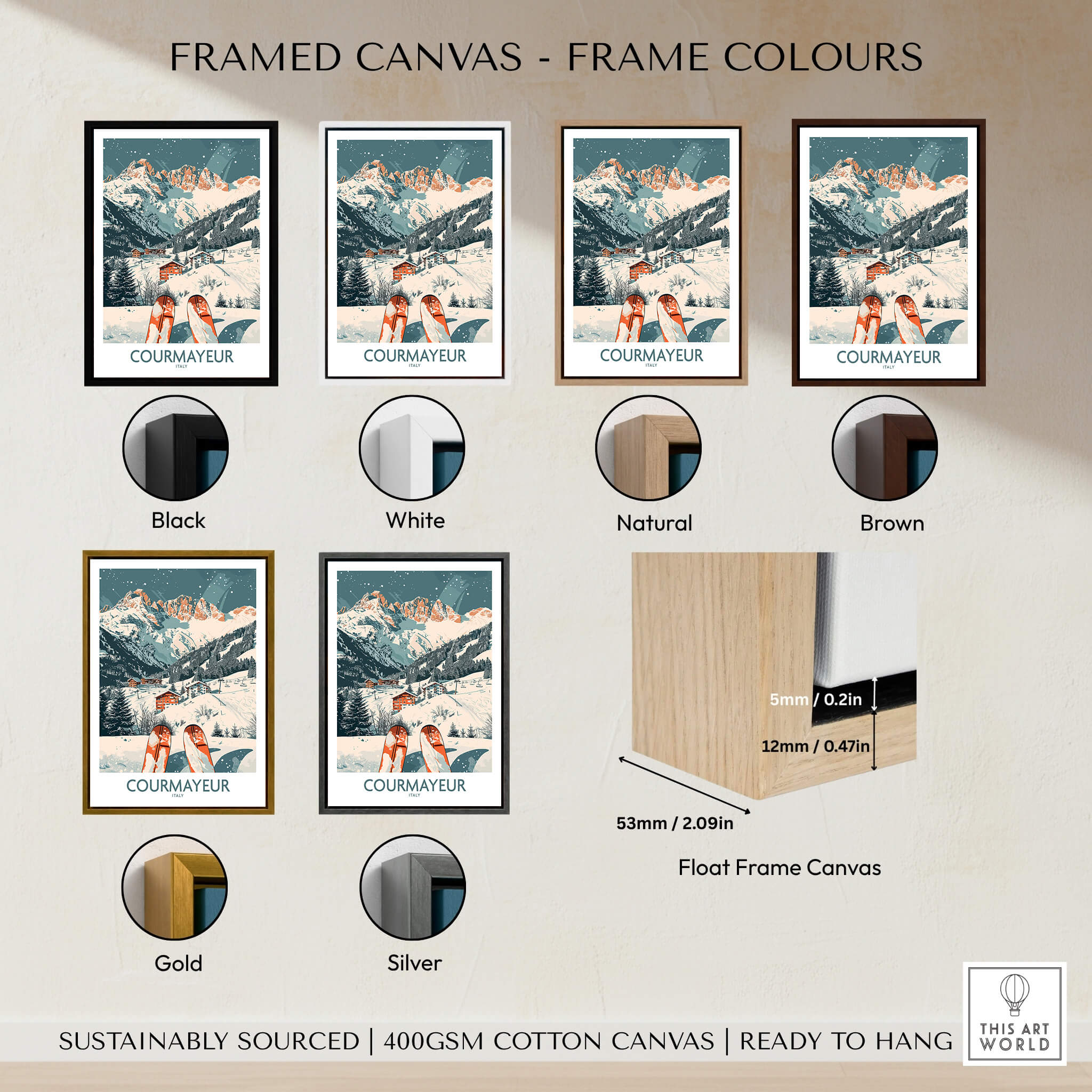 Courmayeur Print Italy framed canvas options showing different frame colors including black, white, natural, brown, gold, and silver.