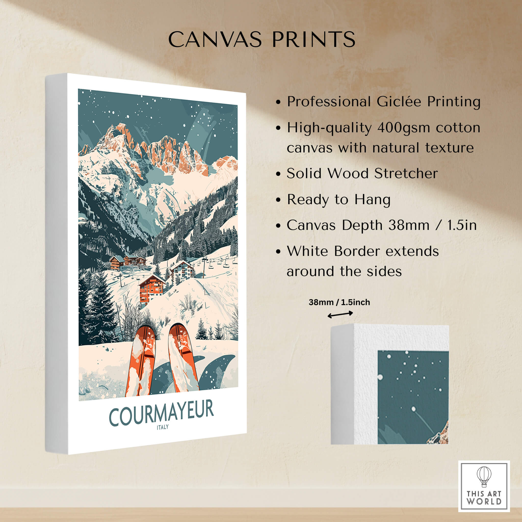 Courmayeur Print Italy canvas print showcasing scenic winter landscape and skiing details.