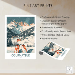 Courmayeur Print Italy ski poster showcasing winter sports in the beautiful landscape of Courmayeur, Italy.