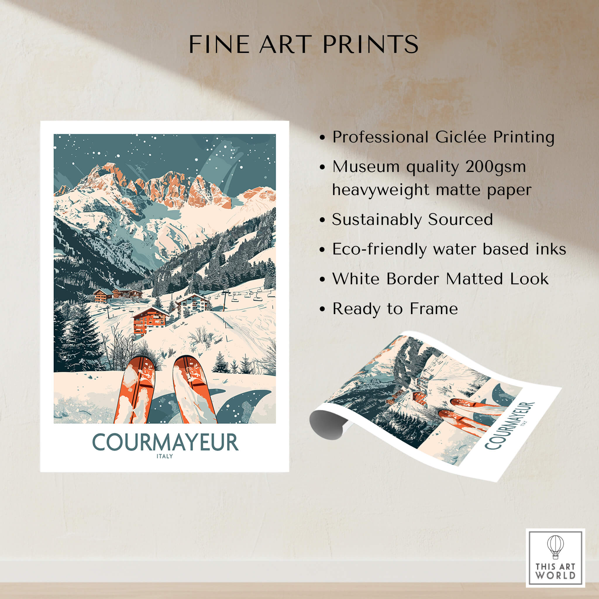 Courmayeur Print Italy ski poster showcasing winter sports in the beautiful landscape of Courmayeur, Italy.