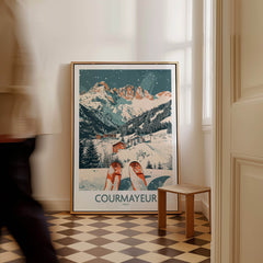 Courmayeur Print Italy ski poster displayed in a cozy room with a person walking by.