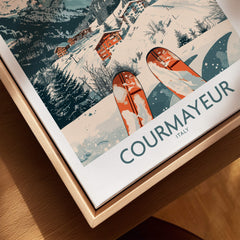 Courmayeur Print Italy featuring a vibrant ski scene with snow-covered landscapes and wooden framing.
