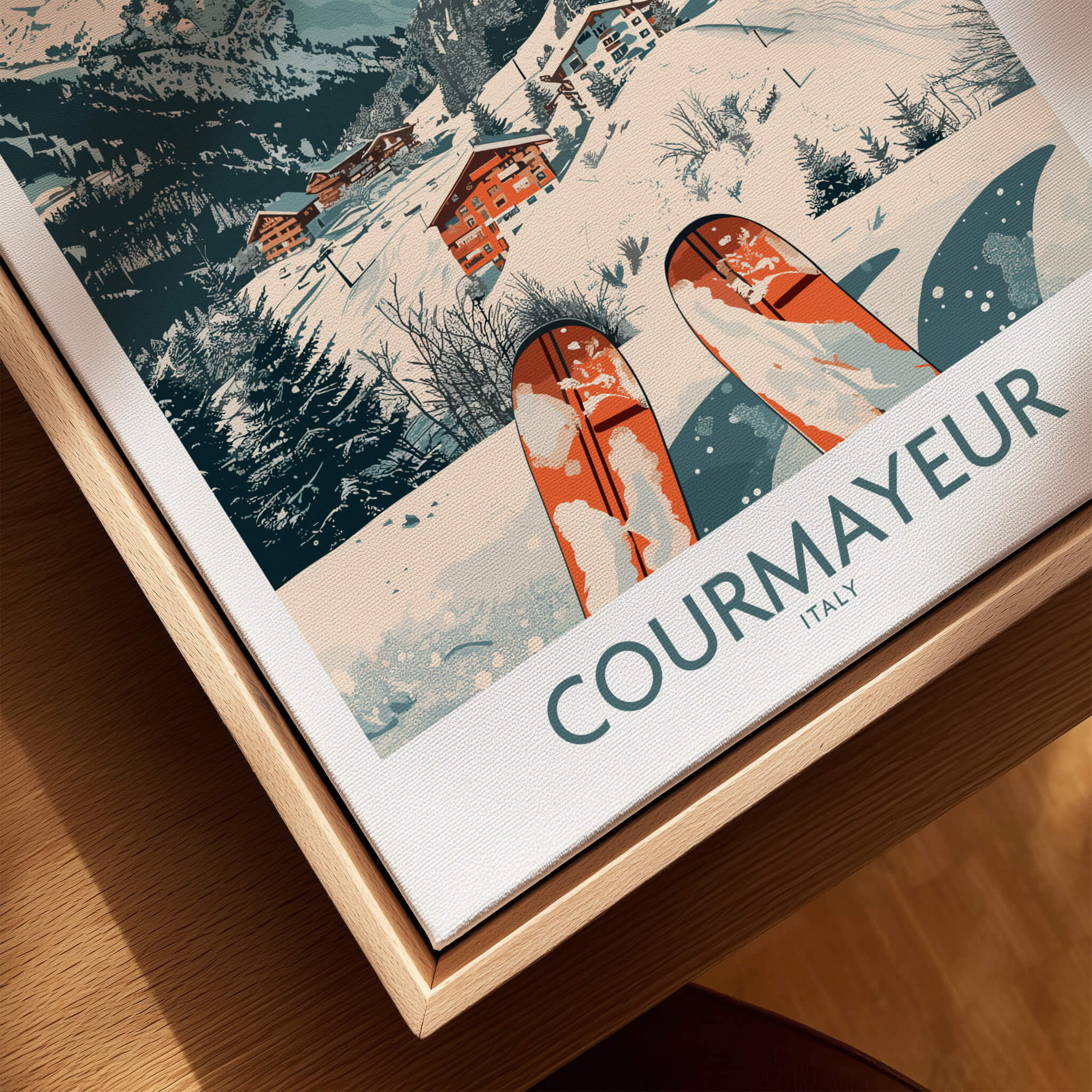 Courmayeur Print Italy featuring a vibrant ski scene with snow-covered landscapes and wooden framing.