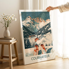 Courmayeur Print Italy showcasing a ski scene in the beautiful mountains of Courmayeur, perfect for winter sports lovers.