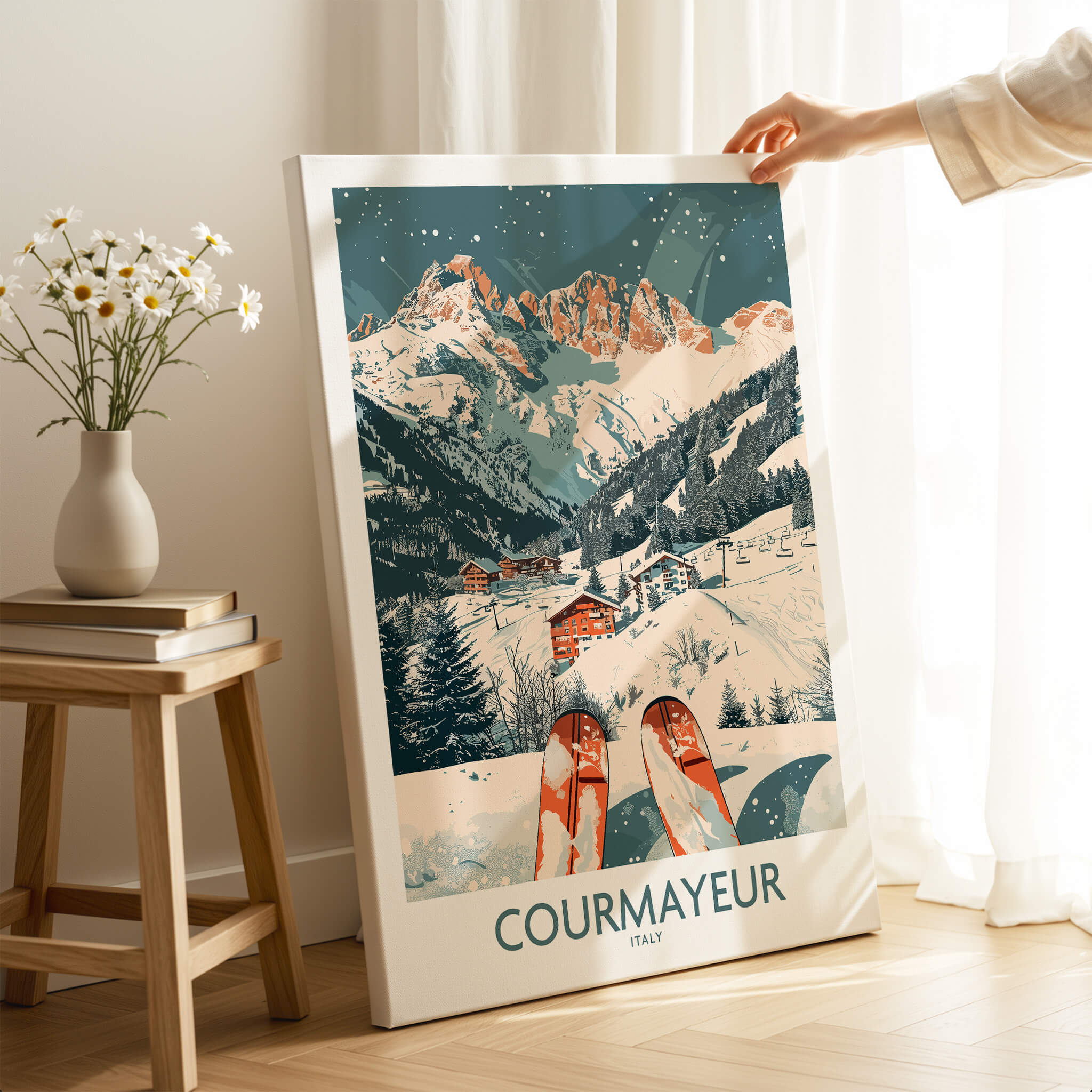 Courmayeur Print Italy showcasing a ski scene in the beautiful mountains of Courmayeur, perfect for winter sports lovers.