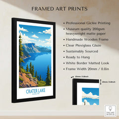 Framed Crater Lake National Park poster with mountains, lake view, and product details.