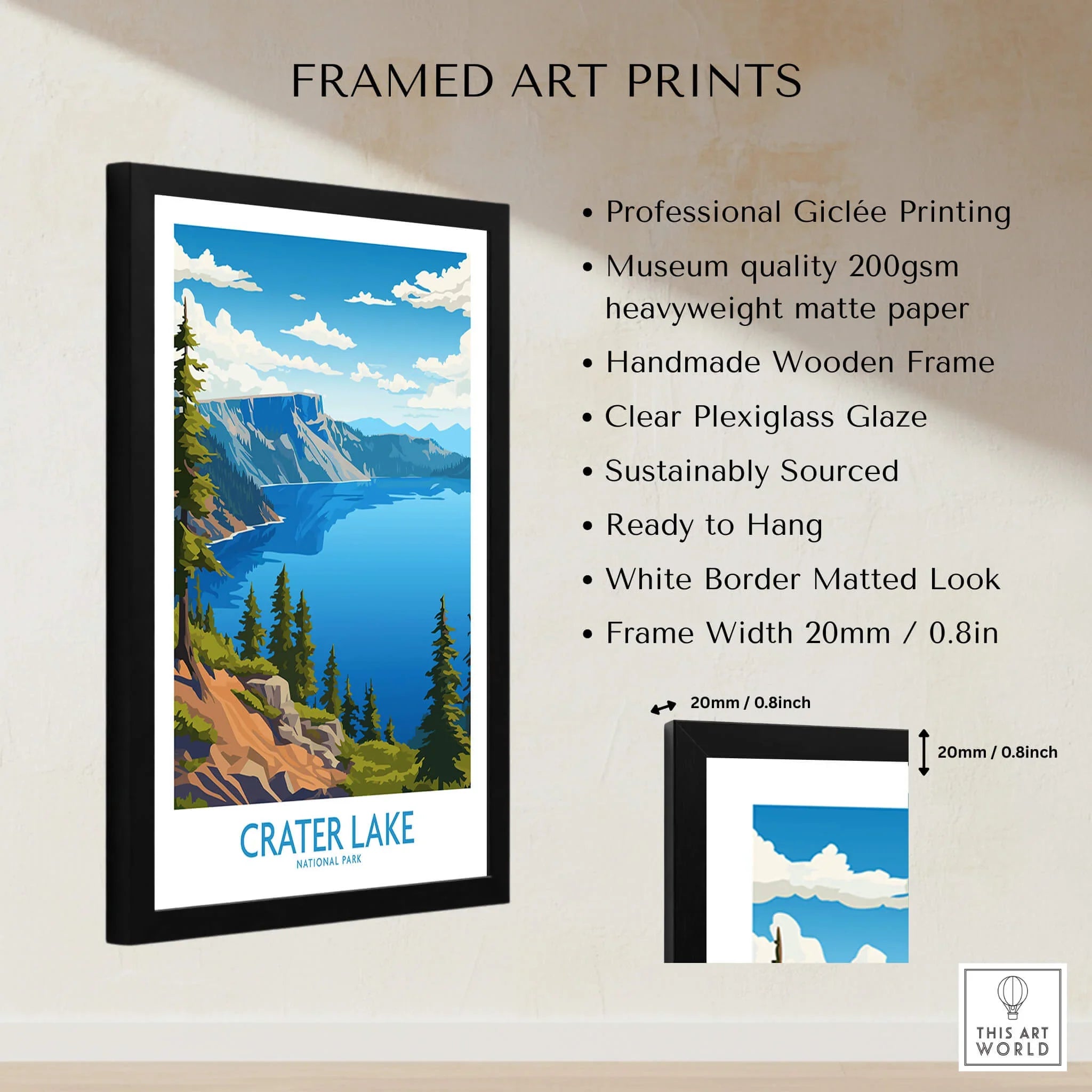 Framed Crater Lake National Park poster with mountains, lake view, and product details.