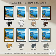 Crater Lake travel art print with pine trees, shown in eight frame color options.