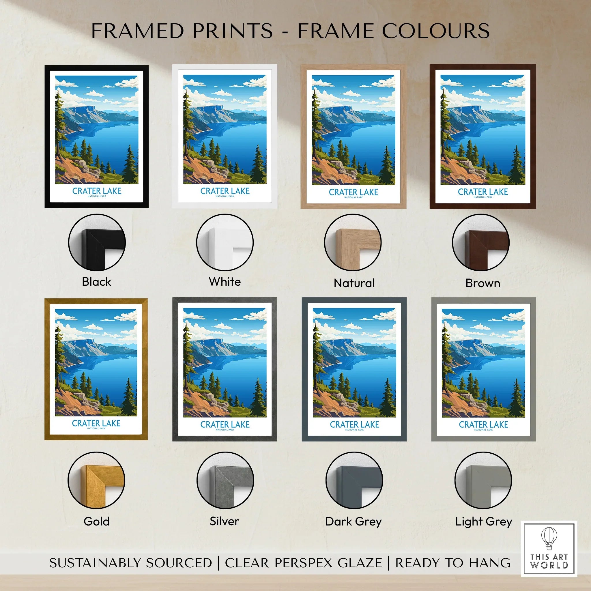 Crater Lake travel art print with pine trees, shown in eight frame color options.