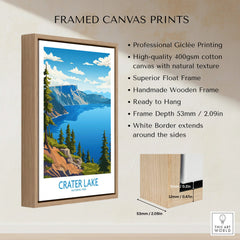 Framed Crater Lake National Park art print with float frame and detailed canvas texture