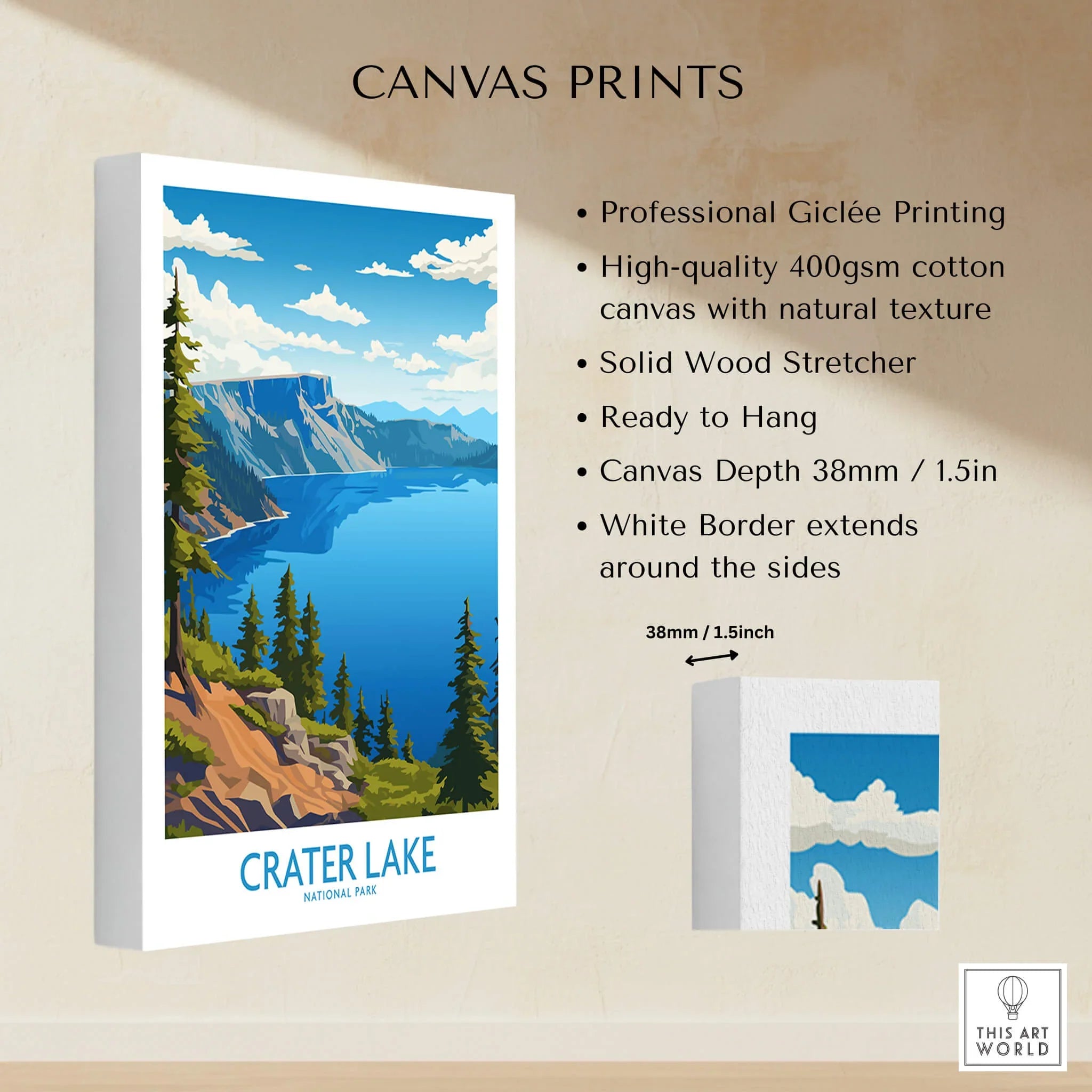 Crater Lake National Park canvas wall art showing blue lake, pine trees, and mountain landscape.