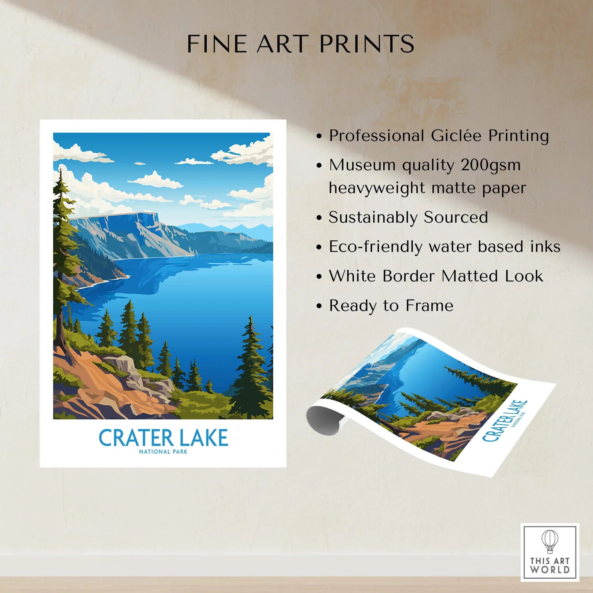 Crater Lake National Park fine art print with blue lake, pine trees, and mountains, ready to frame.