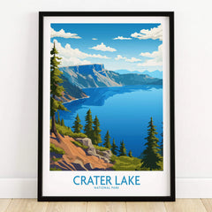 Crater Lake National Park art print in black frame, featuring lake, trees, and mountains.