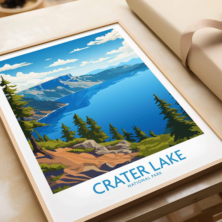Framed Crater Lake National Park art print with vibrant landscape illustration on table.