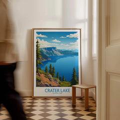 Framed Crater Lake National Park art print leaning on floor in modern home entryway