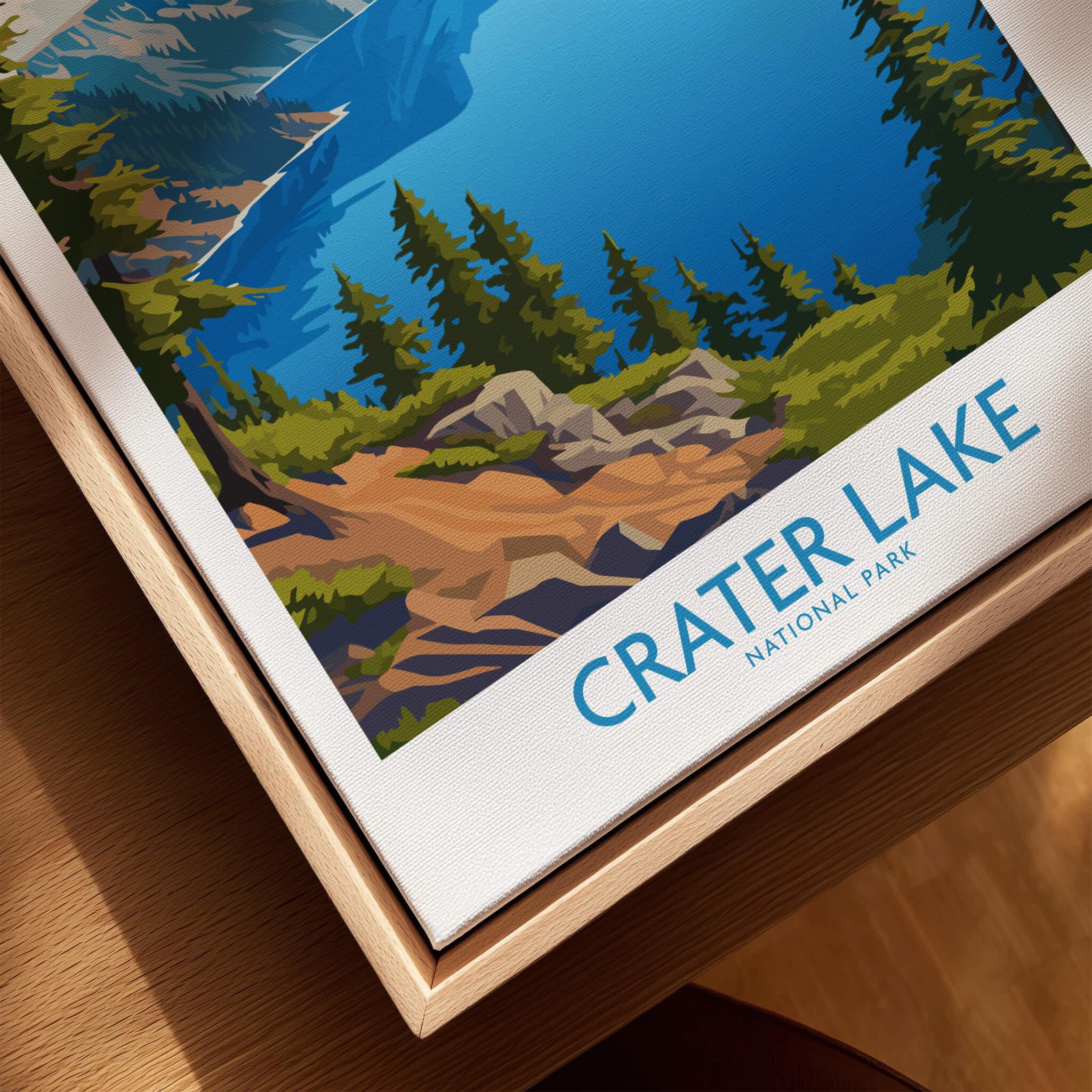 Framed canvas wall art of Crater Lake National Park with vibrant landscape illustration