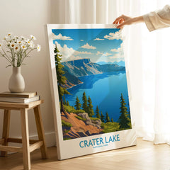 Crater Lake National Park travel poster canvas print held in bright home setting