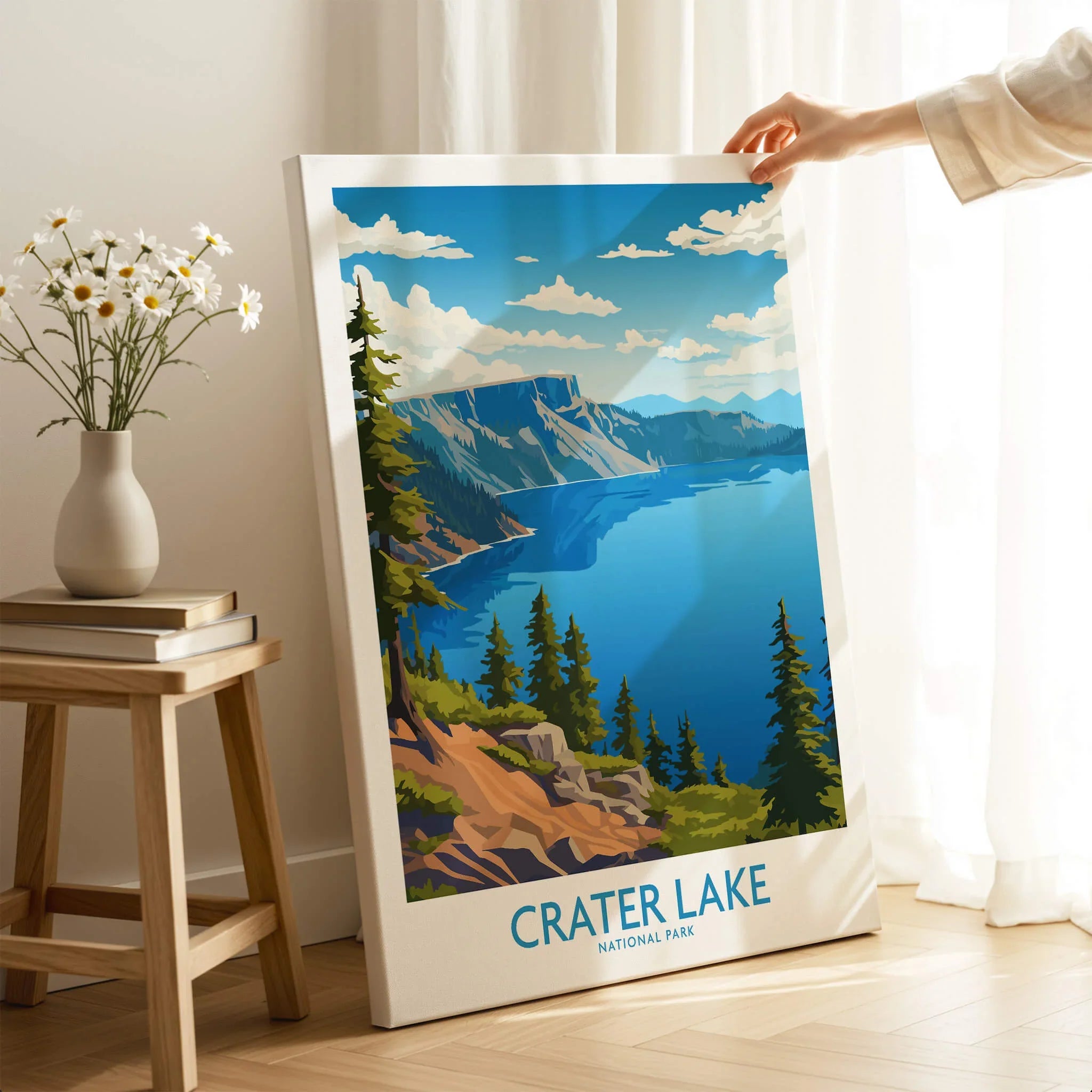Crater Lake National Park travel poster canvas print held in bright home setting