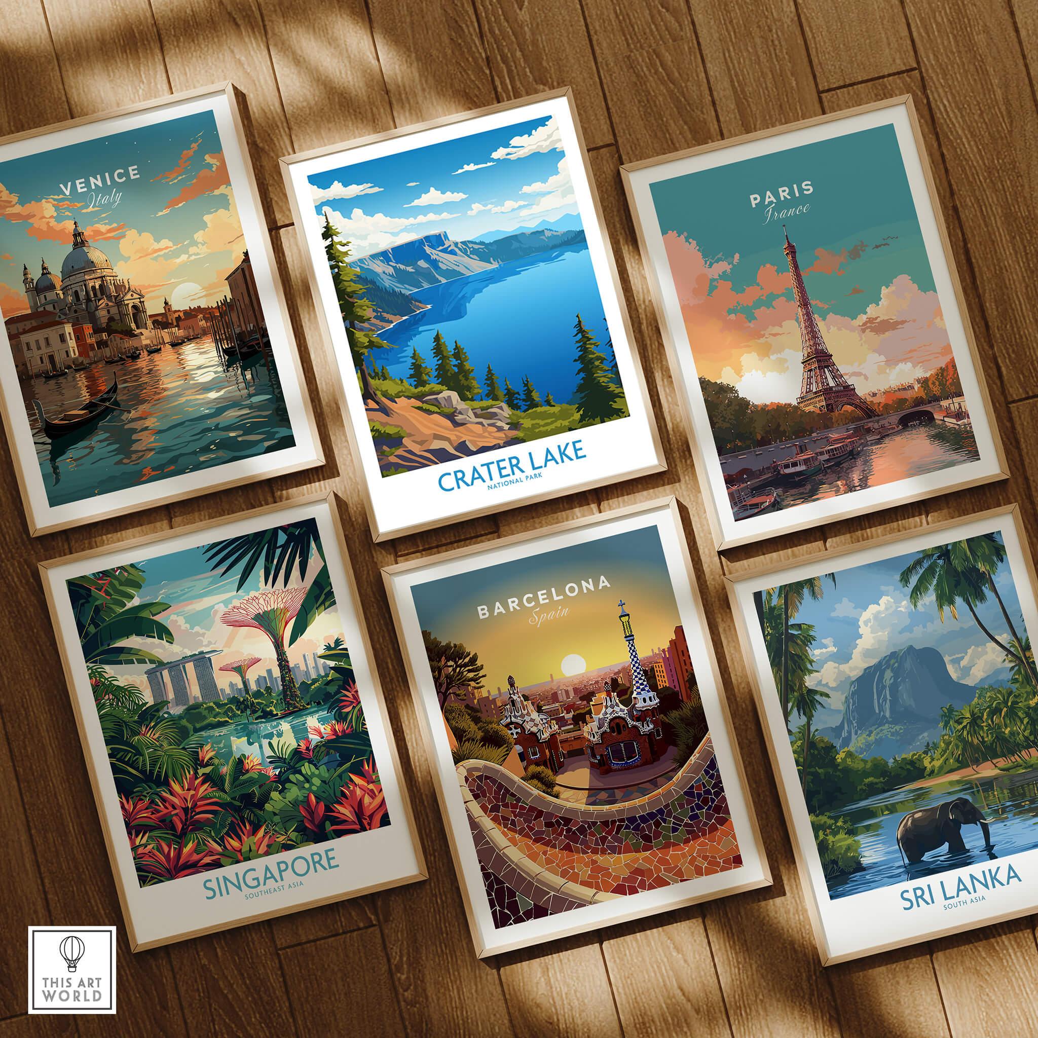 Set of six framed travel posters featuring Venice, Paris, Barcelona, Crater Lake, Singapore, and Sri Lanka on a wooden floor.