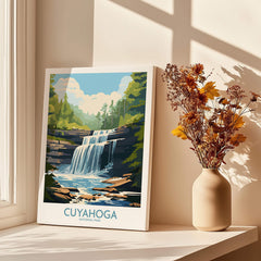 Cuyahoga National Park waterfall art print on windowsill with vase of autumn flowers