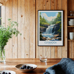 Cuyahoga National Park waterfall art print in black frame on wood kitchen wall