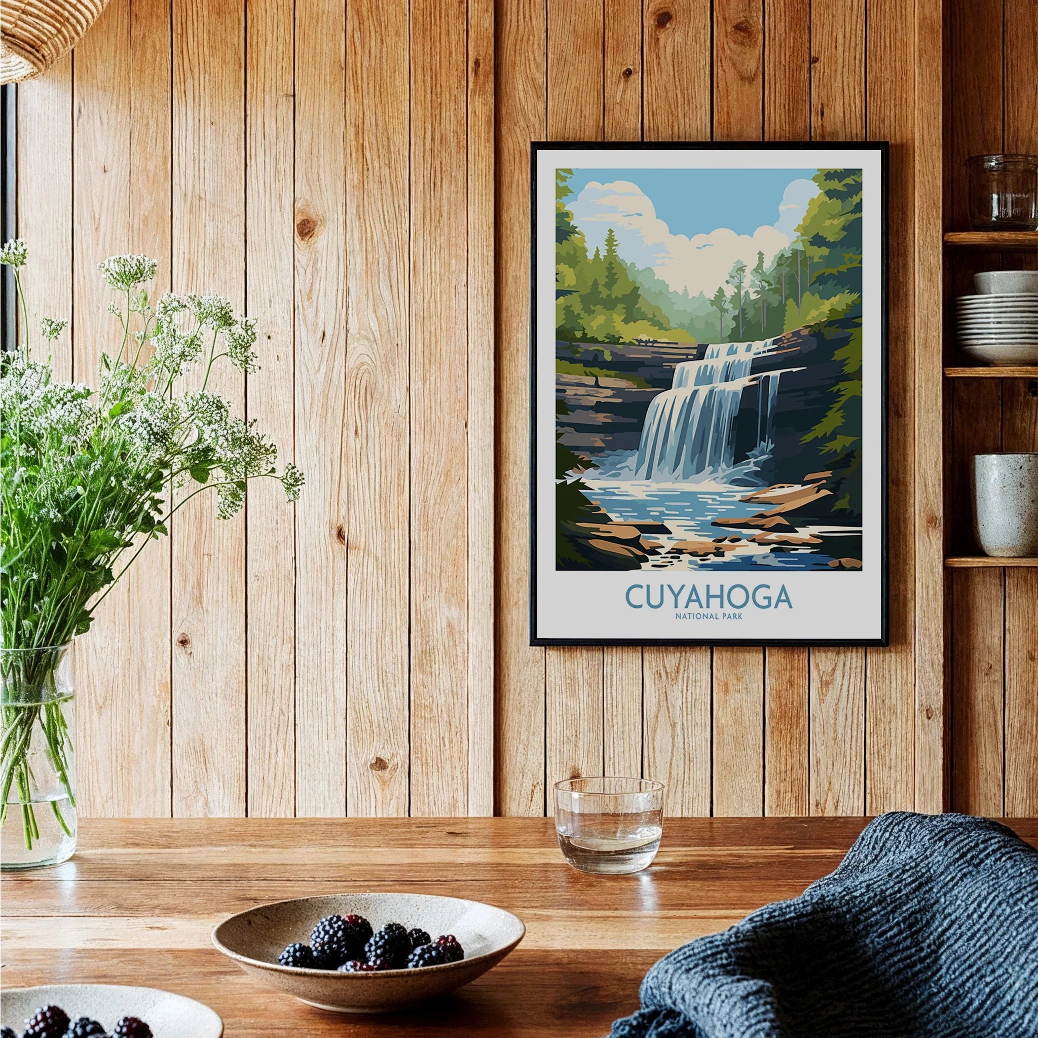Cuyahoga National Park waterfall art print in black frame on wood kitchen wall