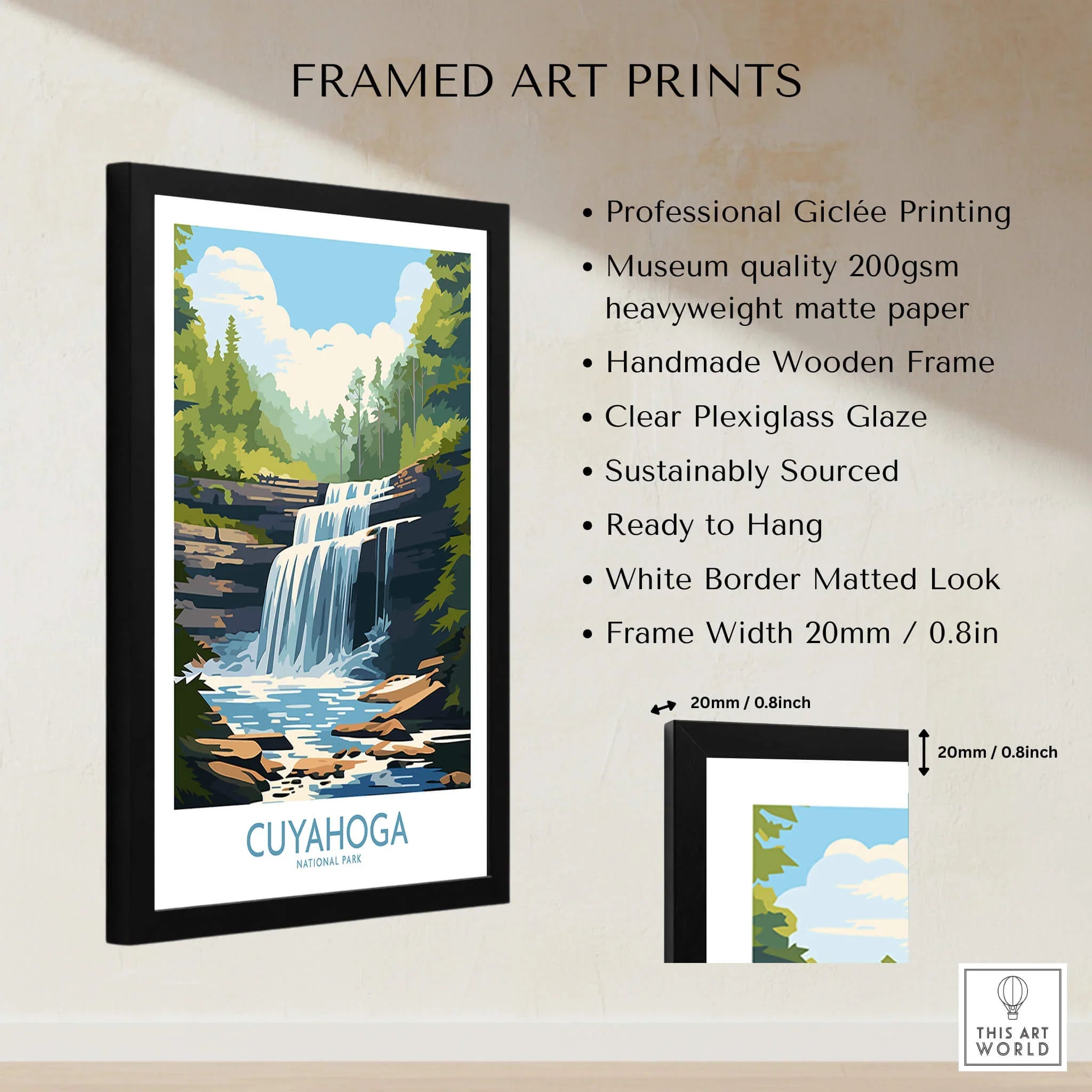 Framed Cuyahoga National Park waterfall art print with features and quality details display