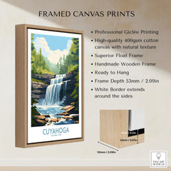 Framed canvas print of Cuyahoga National Park waterfall art with float wooden frame details.