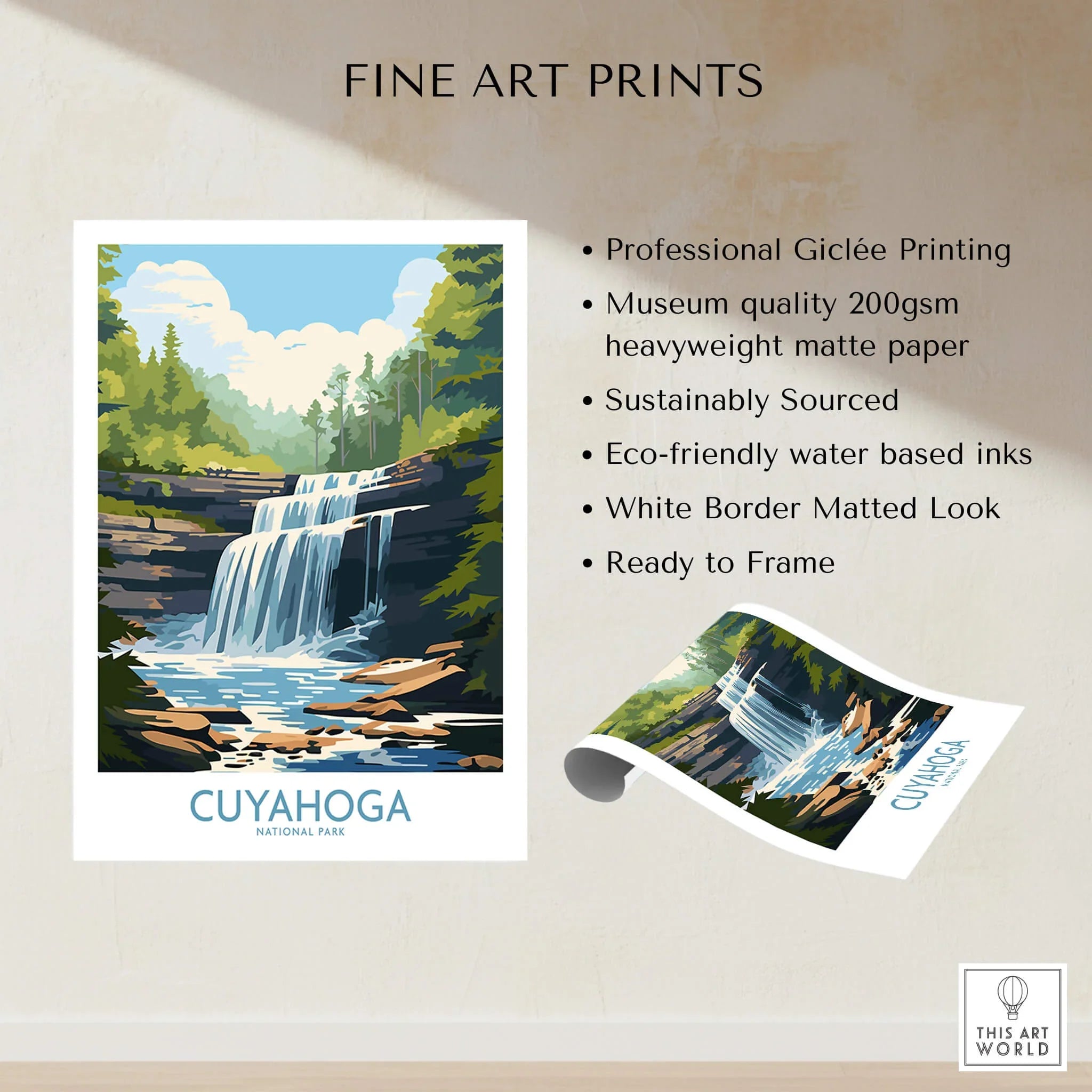 Cuyahoga National Park art print featuring a scenic waterfall and forest landscape.