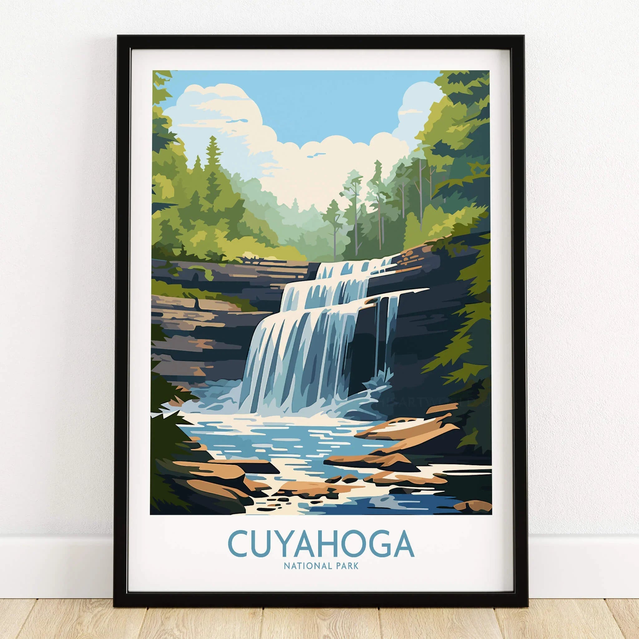 Cuyahoga National Park art print with waterfall in black frame on wooden floor