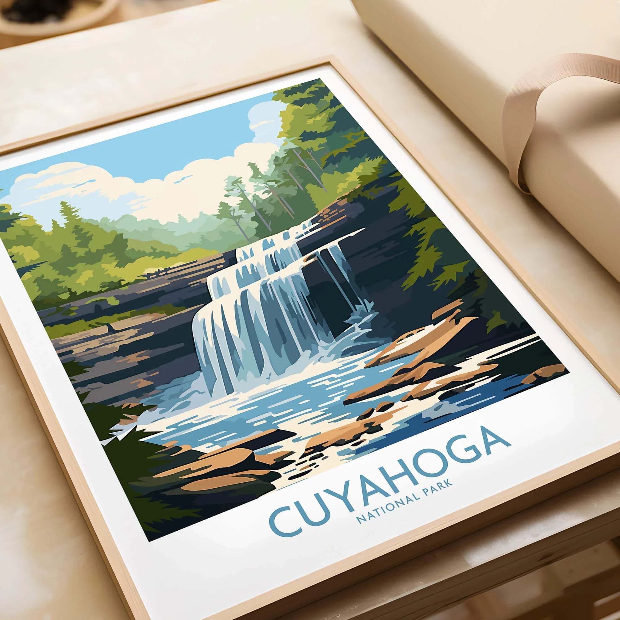 Framed Cuyahoga National Park art print featuring a scenic waterfall and forest landscape.