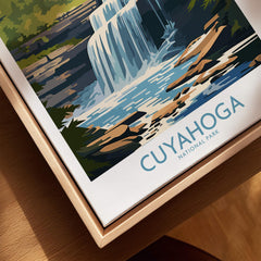 Cuyahoga National Park waterfall art print in natural wood floating frame, closeup view