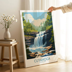 Cuyahoga National Park waterfall art print, hand holding canvas in cozy room setting