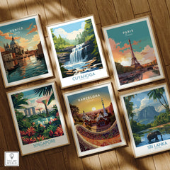 Set of six framed art prints featuring travel posters of Venice, Paris, Singapore, Barcelona, Sri Lanka, and Cuyahoga National Park on a wooden floor.